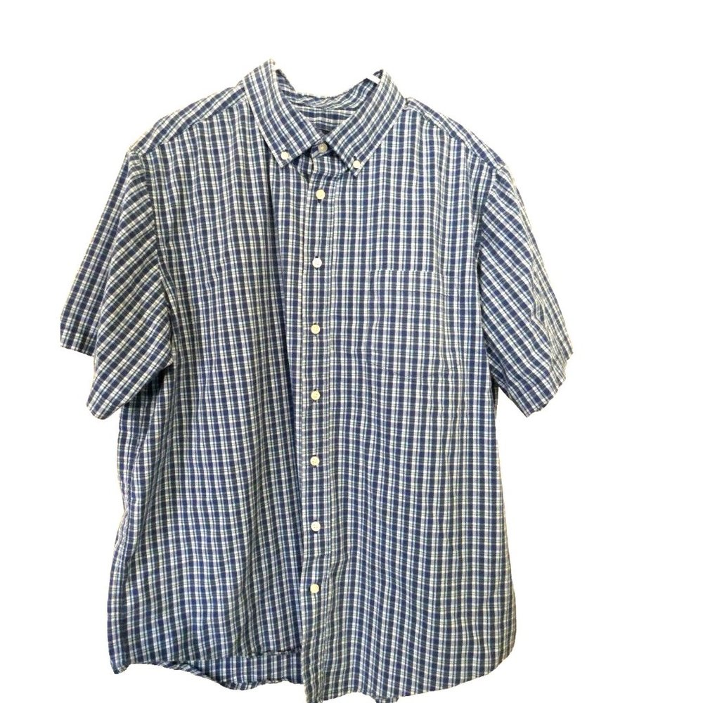 Blue Plaid Shirt Western Cowboy Buttons Short Sleeve George 2XL